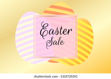 Modern trendy easter special sale offer banner background template with inscription and colorful striped eggs. Gold frame. Editable vector EPS 10 illustration. 
