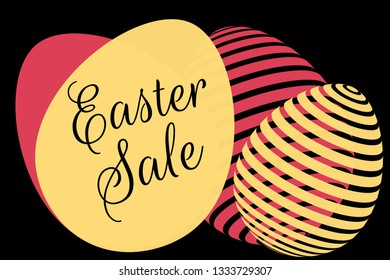 Modern trendy easter special sale offer banner background template with inscription and colorful striped eggs. Red, black and yellow design. Editable vector EPS 10 illustration. 