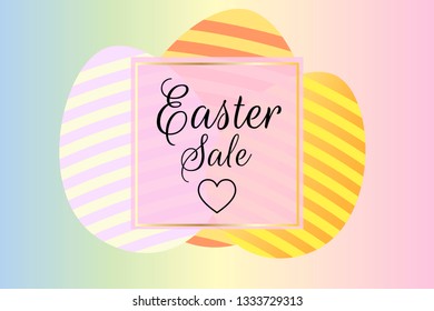 Modern trendy easter special sale offer banner background template with inscription and colorful striped eggs. Gold frame. Editable vector EPS 10 illustration. 