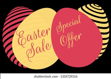 Modern trendy easter special sale offer banner background template with inscription and colorful striped eggs. Red, black and yellow design. Editable vector EPS 10 illustration. 