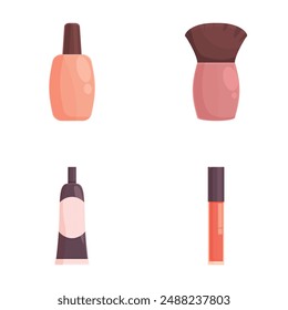 Ilustración vectorial de colección de cosméticos moderna, moderna y elegante con productos de belleza, herramientas de maquillaje, esmalte de uñas, brillo de labios y más en un diseño plano, aislado y blanco