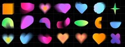 Modern Trendy Elements To Illustrate. Blurry Figures With Gradients In Brutalism And Y2k Style. Romantic Hearts, Creative Stars, Cute Flower. Transparent Holographic Geometric Vector Shapes. 