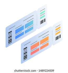 Modern trendy flat design of avia boarding pass ticket for airplane. Template concept icon for air company pass. Gradient isometric illustration with details. Airport barcode for gate boarding.