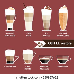 modern trendy flat style icon illustrations of coffee types collection menu isolated on marsala color background