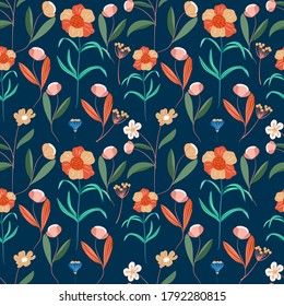 Modern and trendy floral pattern. Colorfull flowers and leafs. A pattern for print, wallpaper and textille. 
