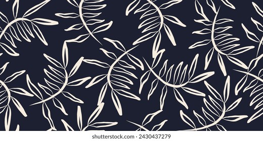 Modern trendy floral seamless pattern. Hand drawn brush abstract line tropical leaves. Contemporary vintage print.
