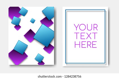 Modern trendy flyer concept with geometric pattern blue purple square elements and text copy space,mockup banner design.Abstract minimalistic memphis cover page,poster,brochure template