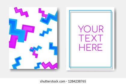 Modern trendy flyer concept with geometric pattern blue purple memphis zigzag elements and text copy space,mockup banner design.Abstract minimalistic memphis cover page,poster,brochure template