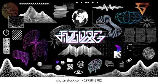 Modern trendy geometric elements and 3D shapes. Digital vaporwave  in memphis and glitch style. Retrofuturistic Geometric elements set for trendy design. Vector set memphis and Vaporwave shapes