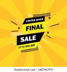 Modern and trendy geometric line Final Sale Banners Design Vector with yellow and black color. Discount Up to 70% off Banner Promotion Template Vector.