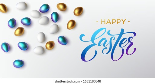 Modern trendy Golden metallic shiny typography Happy Easter on a background of easter eggs. 3D realistic lettering for the design of flyers, leaflets, posters and cards Vector illustration EPS10
