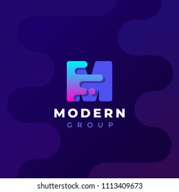 Modern trendy gradient geometric letter M logo design template. Business technology and digital abstract connection vector logo.