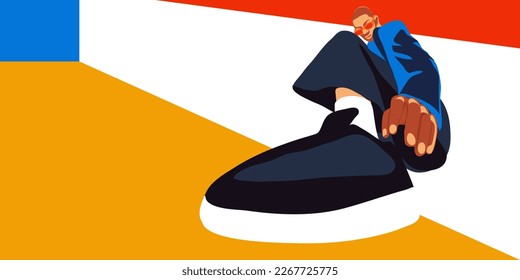 A modern trendy guy in big sneakers. Stylish young guy with large shoes on an abstract background. A bright, modern banner with fashionable models in stylish things. Broken perspective