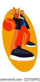 Ein moderner trendiger Typ in großen Turnschuhen mit Basketball. Rabatt, Black Friday oder saisonalen Verkauf, Promotion. Ein helles, modernes Werbebanner mit modischem Verkauf von stilvollen Dingen. gebrochen
