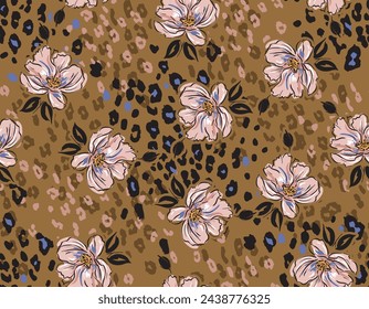 Modern and Trendy Hand drawn blooming flower with Leopard animal skin Seamless pattern vector Illustration , Design for fashion , fabric, textile, wallpaper , wrapping and all prints 