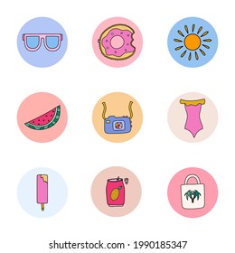 Klare, handgezeichnete Vektorgrafik-Highlights für Social Media über Urlaub, Sommerreisen, Reisen, Feiertage