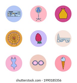 Modern and trendy highlights for different social media, bloggers, companies, brands with elements about vacation, summer trip, traveling, holiday. Vector cliparts illustrations in bright palette.