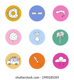 Modern and trendy highlights for different social media, bloggers, companies, brands with elements about vacation, summer trip, traveling, holiday. Vector cliparts illustrations in bright palette.