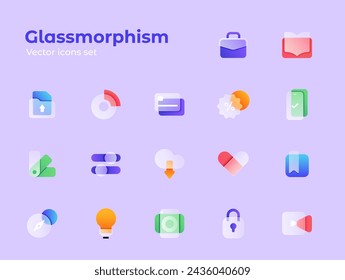 Iconos modernos de moda en el estilo de morfismo de vidrio con degradado, desenfoque y transparencia. La colección incluye 17 iconos de diferentes colores en un solo estilo. Ilustración de vector