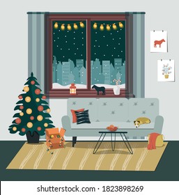 Modern trendy interior in Scandinavian style with decorated Christmas tree and lanterns.  Preparing for Christmas, new year's holidays, nice cozy living room. Vector illustration.