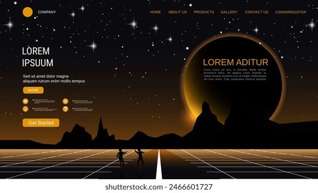 Modern trendy landing page vector design template. Night sky and mountains background