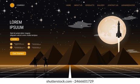 Modern trendy landing page vector design template. Night sky and mountains background