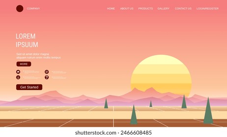 Modern trendy landing page vector design template. Red desert morning background