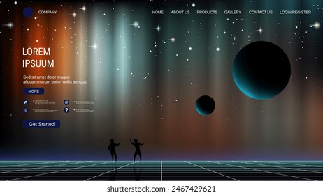 Modern trendy landing page vector design template. Deep space background