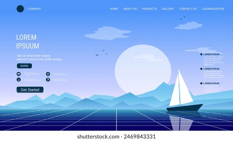 Modern trendy landing page vector design template. Morning lake background