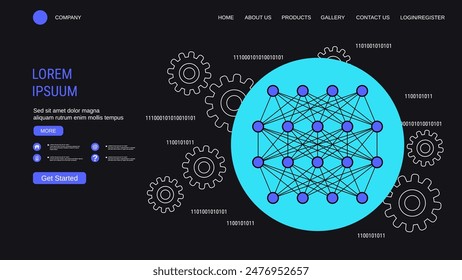 Modern trendy landing page vector design template. Neural network illustration