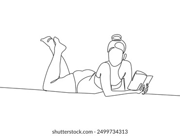 Modern Trendy Line Art Drawing Woman with Book. Female Figure Line Art Vector Illustration for Wall Decor, Spa, T-shirt, Print, Poster. Female Body Creative Drawing in Modern Linear Style