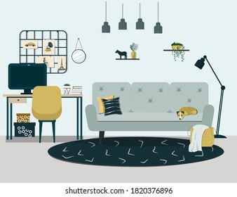 Modern trendy living room in Scandinavian style. Bright apartment with black accessories. Computer Desk, sofa, accessories. Flat vector illustration