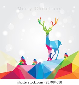 modern trendy merry christmas landscape vector illustration with noel tree forest and reindeer in colorful polygonal composition with copy space