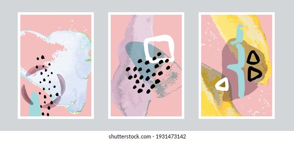 Modern trendy mid century abstract compositions set. Geometric textured wall art collection. Scandinavian abstract banner. Nordic neutral print. Stock vector illustration.
