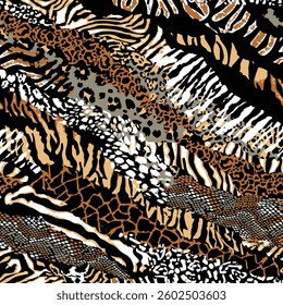 Modern Trendy mix of animal skin prints including leopard, snake, zebra, and tiger in a seamless safari Africa pattern design for fashion and fabric.