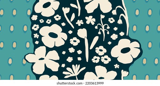 Modern trendy naive abstract floral print collage. Cute simple pattern in vintage style. Fashionable template for design.