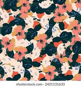 Modern trendy naive abstract floral print collage. Cute simple pattern in vintage style. Fashionable template for design