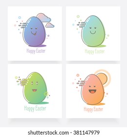 Modern trendy outline icon set of easter eggs with smiling faces. Cartoon Easter eggs characters. Four happy colorful eggs