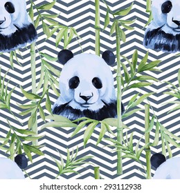 Modern trendy pattern with panda, bamboo, geometrical background.