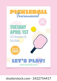 Modern and trendy pickleball poster. Tournament event template. Vector illustration with lettering, ball and paddle.