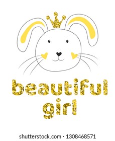 
Modern trendy print for kids or girls. Vector illustration. Golden texture. Drawing for poster, textile, invitation or other. A cute animal is a hare or rabbit.