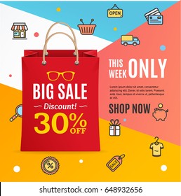 Modern Trendy Sale Concept Flyer Card with Paper Bag and Place for Your Text. Vector illustration