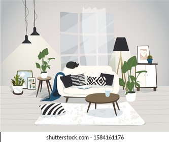 Modern trendy Scandinavian style living room. Bright apartment with black accessories. Window, couch, furniture and coffee table. Flat vector cartoon illustration.