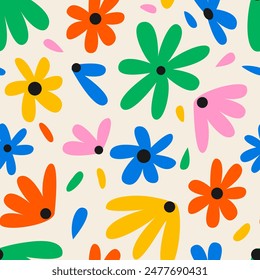 Patrón moderno sin costuras de moda con flores coloridas abstractas. Fondo plano de Vector floral