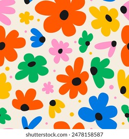 Modern trendy seamless pattern with abstract colorful flowers. Floral vector flat background