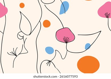 Modern trendy seamless pattern with abstract colorful flowers. Doodle art, Floral vector flat background