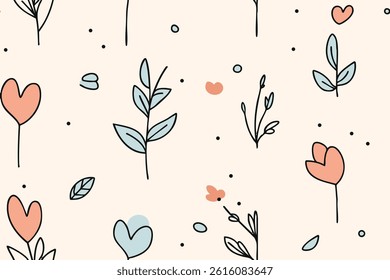 Modern trendy seamless pattern with abstract colorful flowers. Doodle art, Floral vector flat background