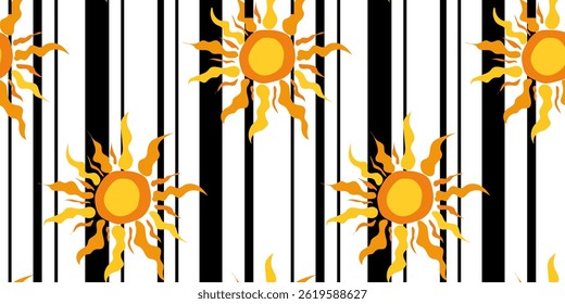 modern trendy seamless vector pattern of abstract art suns and black vertical lines, stylish repeating design with graphic stripes, contemporary bold texture fashion print