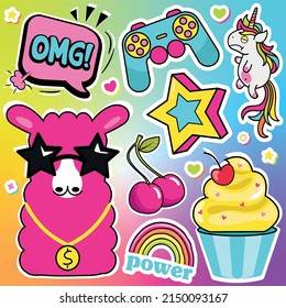 Modern, trendy set with cool, cartoon characters of cute llama, colorful unicorn, commentary, cherry, star, rainbow, cupcake, joystick. Vector, pop art, retro collection of beautiful gradient stickers
