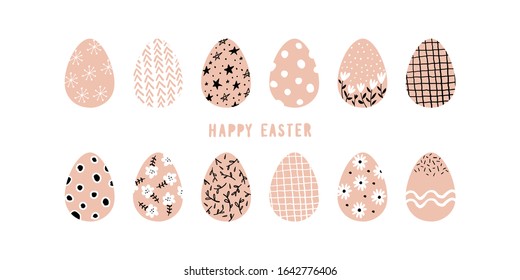 Modern trendy set of decorated Easter eggs, pink and black trendy design. Simple naive vector illustration. Happy easter